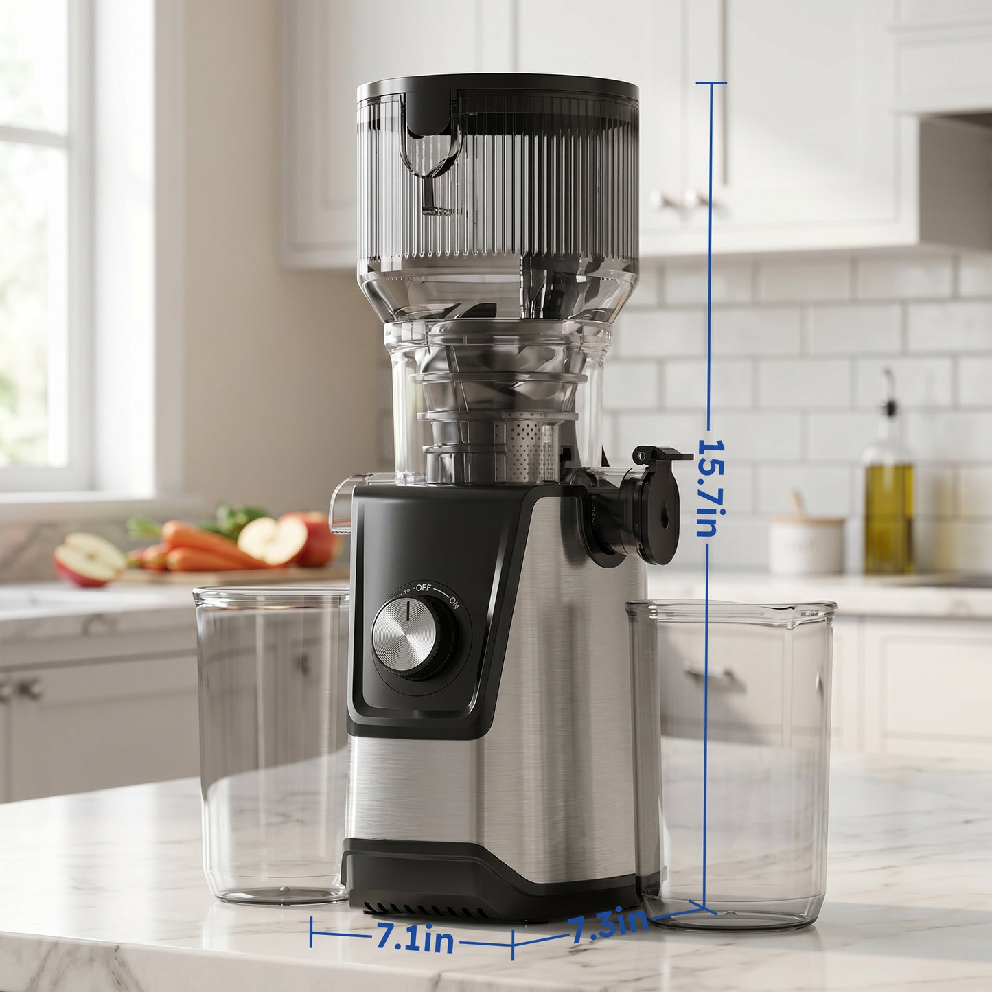 SIMZLIFE Cold Press Juicer, 5.1" Extra Large Feed Chute, 200W Slow Masticating Juicer Machine with Stainless Steel Housing, 304 Filter, Forward & Reverse Function, Easy to Clean, 2 Cups, Silver
