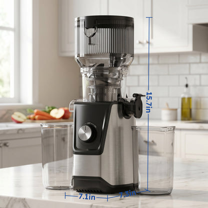 SIMZLIFE Cold Press Juicer, 5.1" Extra Large Feed Chute, 200W Slow Masticating Juicer Machine with Stainless Steel Housing, 304 Filter, Forward & Reverse Function, Easy to Clean, 2 Cups, Silver