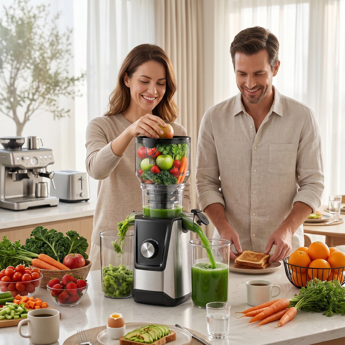 SIMZLIFE Cold Press Juicer, 5.1" Extra Large Feed Chute, 200W Slow Masticating Juicer Machine with Stainless Steel Housing, 304 Filter, Forward & Reverse Function, Easy to Clean, 2 Cups, Silver
