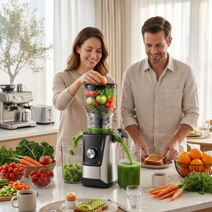 SIMZLIFE Cold Press Juicer, 5.1" Extra Large Feed Chute, 200W Slow Masticating Juicer Machine with Stainless Steel Housing, 304 Filter, Forward & Reverse Function, Easy to Clean, 2 Cups, Silver