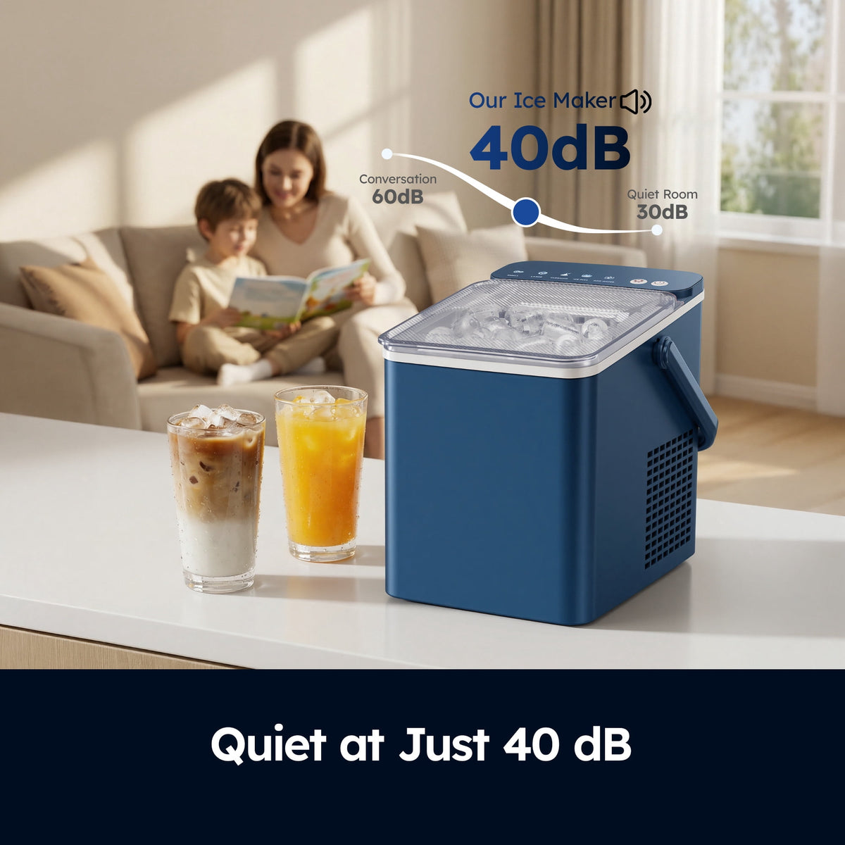 SIMZLIFE Portable Countertop Ice Maker, 26 Lbs/Day, 9 Bullet Ice Cubes in 6 Minutes, 2 Ice Sizes, Self-Cleaning Ice Machine, Blue