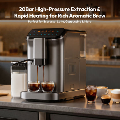 Simzlife 2-Cup Fully Automatic Espresso Machine with Grinder, 15 Grind Settings, 20 Bar Pressure, Milk Frother, Silver