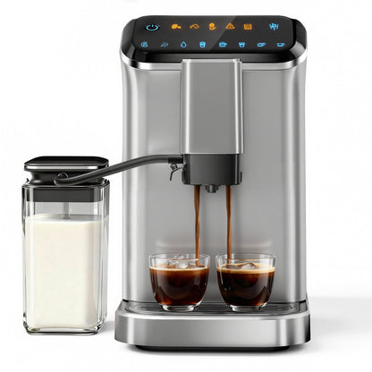 Simzlife 2-Cup Fully Automatic Espresso Machine with Grinder, 15 Grind Settings, 20 Bar Pressure, Milk Frother, Silver