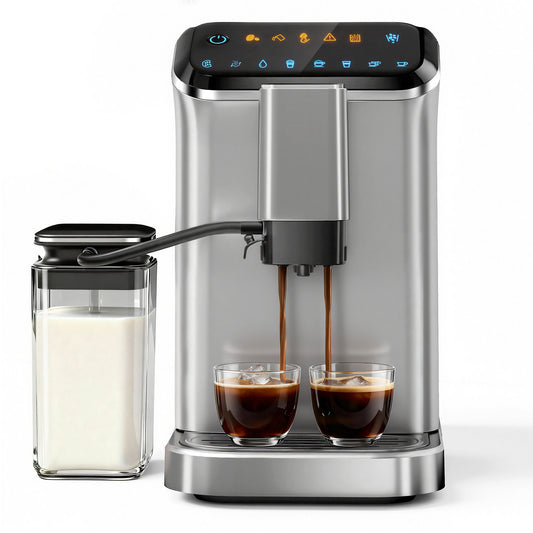 Simzlife 2-Cup Fully Automatic Espresso Machine with Grinder, 15 Grind Settings, 20 Bar Pressure, Milk Frother, Silver