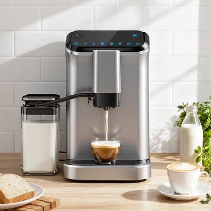 Simzlife 2-Cup Fully Automatic Espresso Machine with Grinder, 15 Grind Settings, 20 Bar Pressure, Milk Frother, Silver