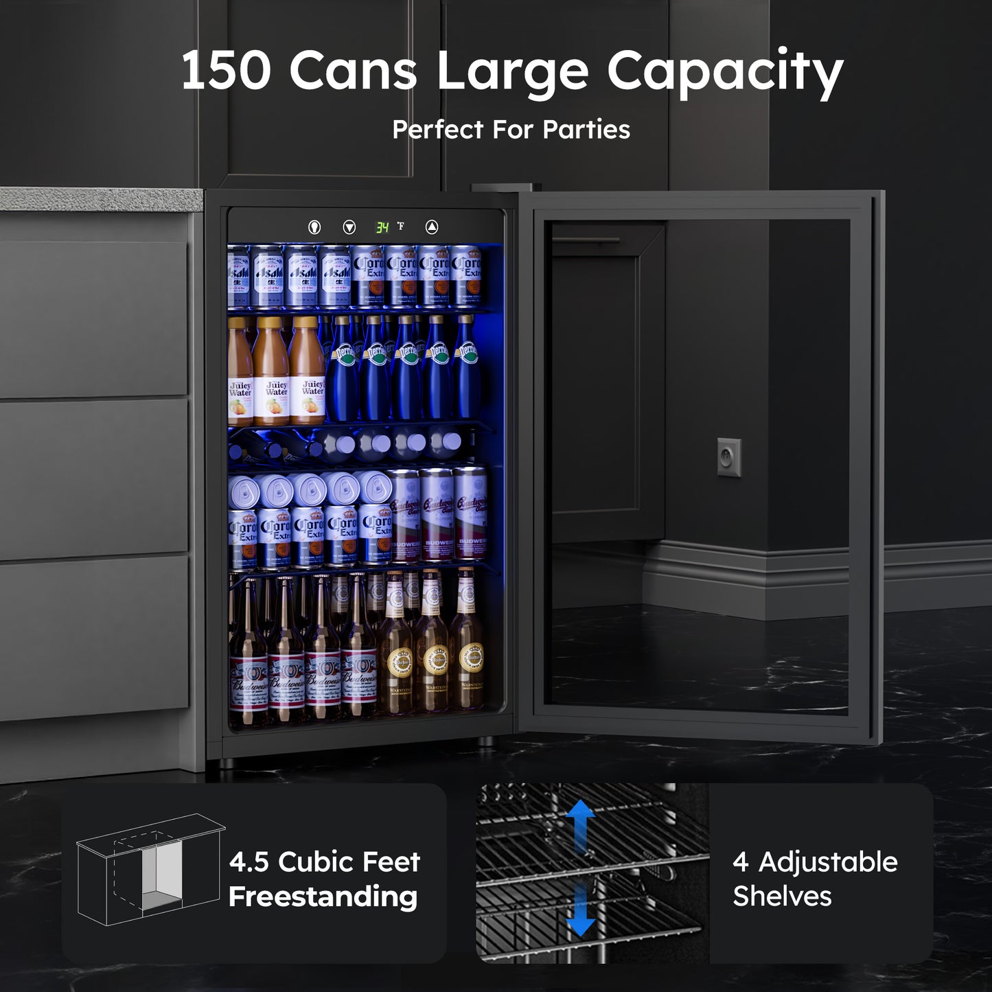 Simzlife 4.5 Cu.ft Beverage Refrigerator and Cooler, 145 Can Mini fridge with Glass Door for Soda Beer Wine, Small Drink Dispenser with Digital Adjustable Thermostat for Home Office Bar