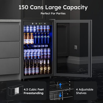 Simzlife 4.5 Cu.ft Beverage Refrigerator and Cooler, 145 Can Mini fridge with Glass Door for Soda Beer Wine, Small Drink Dispenser with Digital Adjustable Thermostat for Home Office Bar