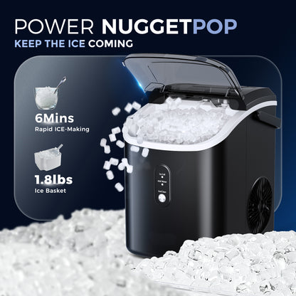 Simzlife Nugget Countertop Ice Maker with Soft Chewable Pellet Ice, Portable Ice Machine with Handle, Ready in 6 Mins, 33lbs Per Day, Self-Cleaning, for Home, Kitchen, Office, Black