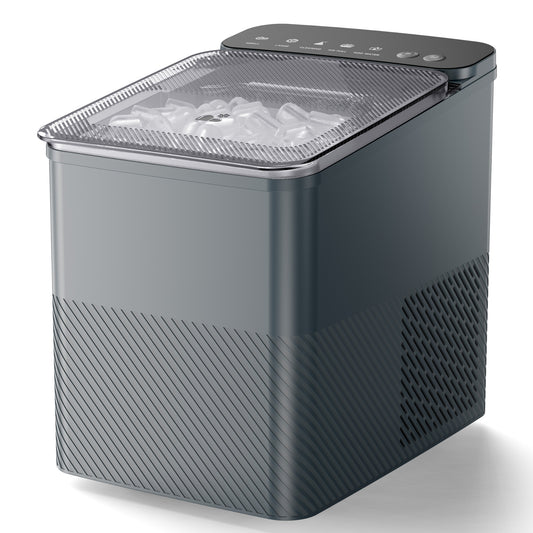 Simzlife Ice Maker Countertop, 9 Cubes Ready in 6 Mins, 26lbs in 24Hrs, Self-Cleaning Ice Machine with Ice Scoop and Basket, 2 Sizes of Bullet Ice for Home Kitchen Office Bar Party, Grey