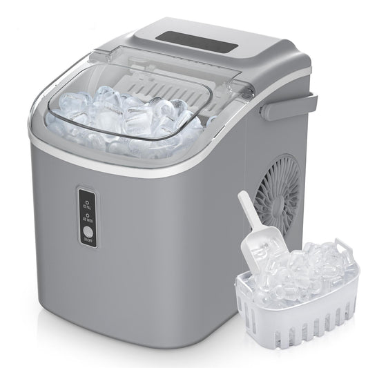 Simzlife Countertop Ice Maker with Handle,Portable Ice Machine with Basket and Scoop, 9 Bullet Ice In 6 Mins, 26Lbs/24H, Gray