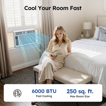 SIMZLIFE 6,000 BTU Window Air Conditioner, Cools Up To 250 Sq Ft, 3 Cooling Modes, Remote Control