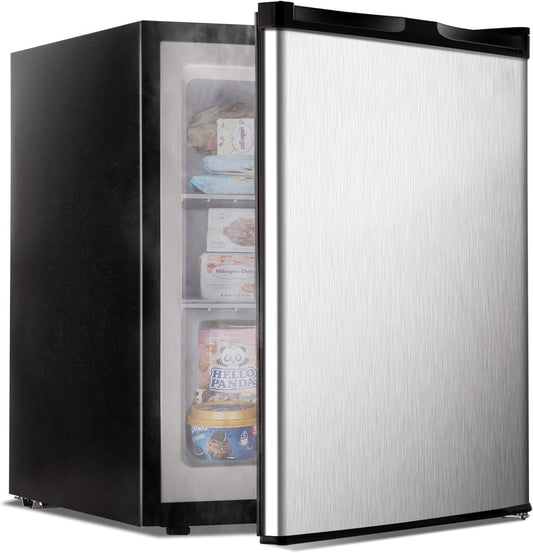 Simzlife 2.1 Cubic Feet Upright freezer, Single Door Compact Mini Freezer with Reversible Stainless Steel Door, Removable Shelves, Small freezer for Home/Dorms/Apartment/Office, New Silver