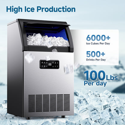 SIMZLIFE Commercial Ice Maker 100Lbs/24H, Stainless Steel, Auto Cleaning, Restaurant & Bar