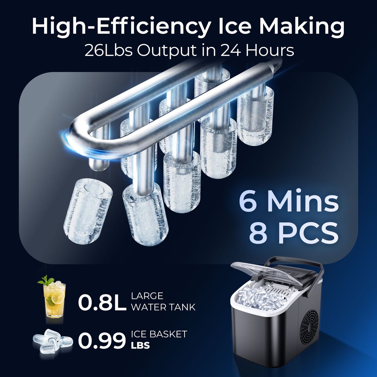 Simzlife Ice Maker Countertop, 9 Cubes Ready in 6 Mins, 26lbs in 24Hrs, Self-Cleaning Ice Machine with Ice Scoop and Basket, 2 Sizes of Bullet Ice for Home Kitchen Office Bar Party