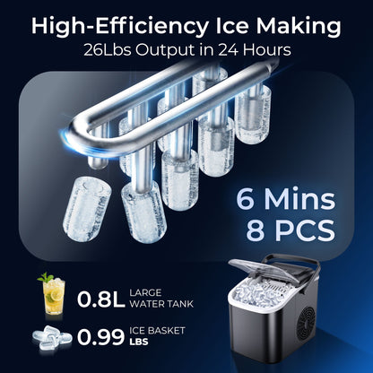 Simzlife Ice Maker Countertop, 9 Cubes Ready in 6 Mins, 26lbs in 24Hrs, Self-Cleaning Ice Machine with Ice Scoop and Basket, 2 Sizes of Bullet Ice for Home Kitchen Office Bar Party