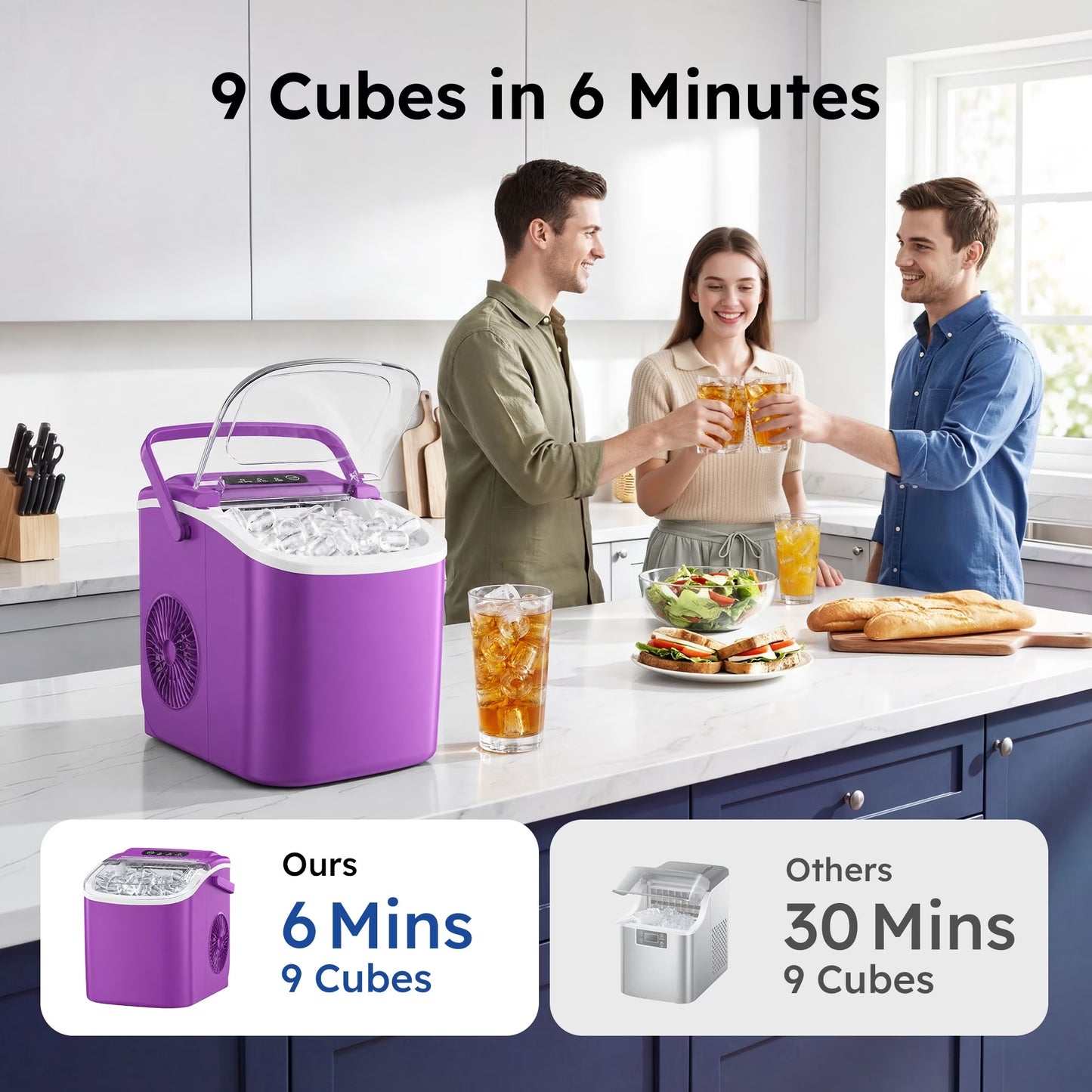 Simzlife Countertop Ice Maker Machine with Handle, 26lbs Per Day, 9 Ice Cubes Ready in 6 Mins, Auto-Cleaning Portable Ice Maker with Basket and Scoop, for Home/Kitchen/Camping/RV