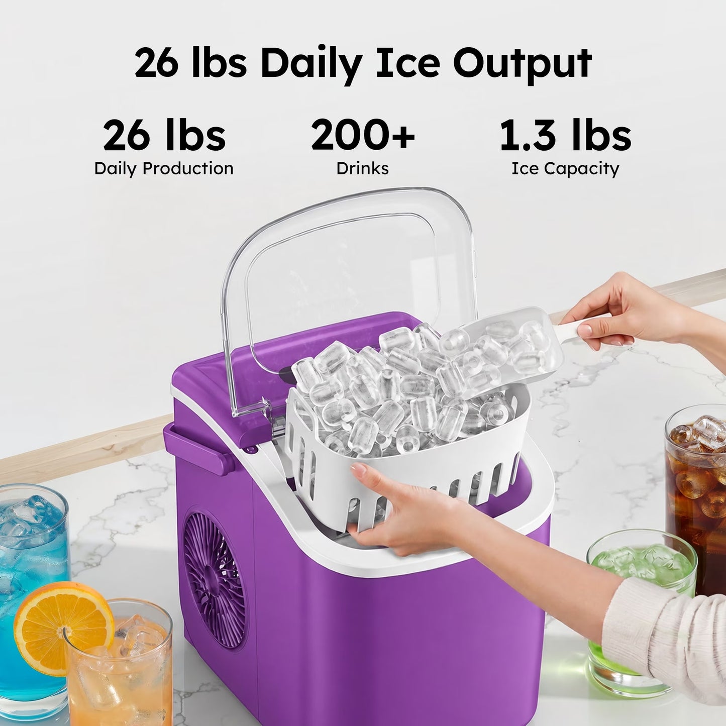 Simzlife Countertop Ice Maker Machine with Handle, 26lbs Per Day, 9 Ice Cubes Ready in 6 Mins, Auto-Cleaning Portable Ice Maker with Basket and Scoop, for Home/Kitchen/Camping/RV