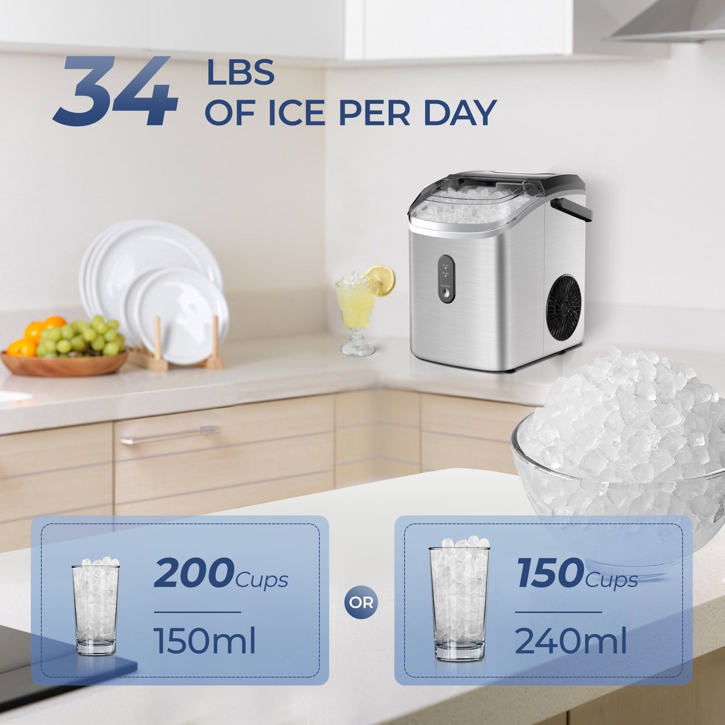 Simzlife Nugget Ice Maker Countertop with Soft Chewable Ice, 34lbs/24H, Ready in 6 Mins, Self-Cleaning, Pebble Portable Ice Machine for Home,Kitchen,Office, Silver