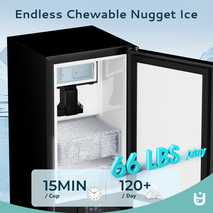 SIMZLIFE Nugget Ice Maker 66Lbs/24H, Built-in or Freestanding, Self-Cleaning, Home Bar, Black