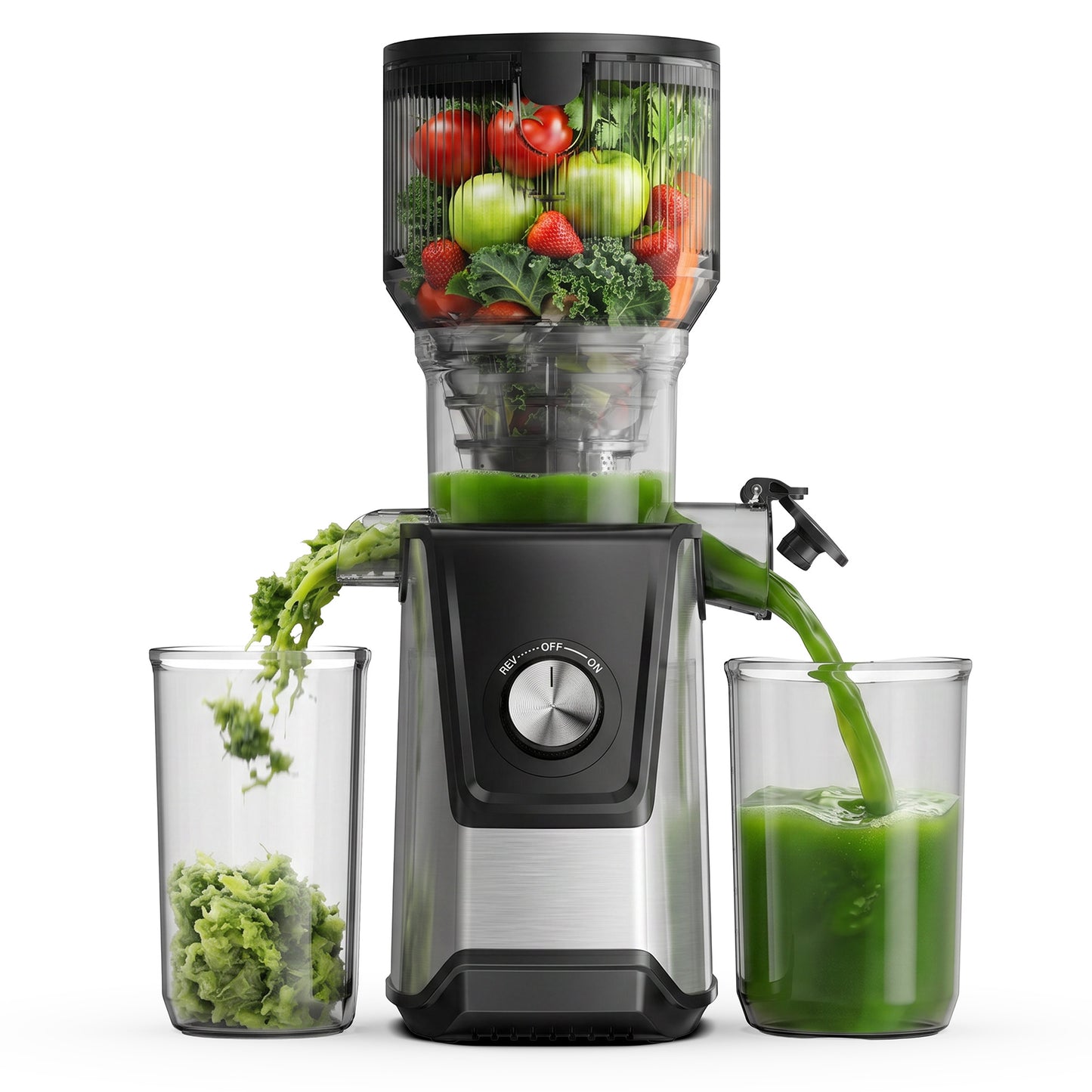 SIMZLIFE Cold Press Juicer, 5.1" Extra Large Feed Chute, 200W Slow Masticating Juicer Machine with Stainless Steel Housing, 304 Filter, Forward & Reverse Function, Easy to Clean, 2 Cups, Silver