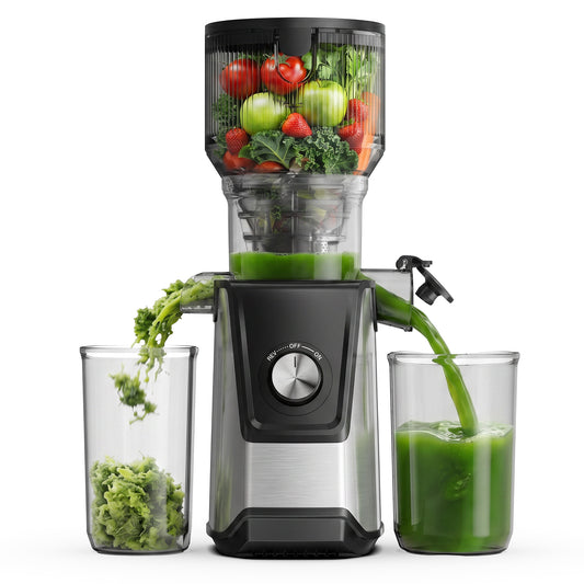 SIMZLIFE Cold Press Juicer, 5.1" Extra Large Feed Chute, 200W Slow Masticating Juicer Machine with Stainless Steel Housing, 304 Filter, Forward & Reverse Function, Easy to Clean, 2 Cups, Silver