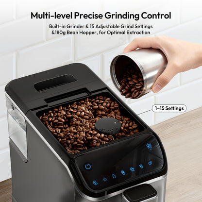 Simzlife 2-Cup Fully Automatic Espresso Machine with Grinder, 15 Grind Settings, 20 Bar Pressure, Milk Frother, Silver