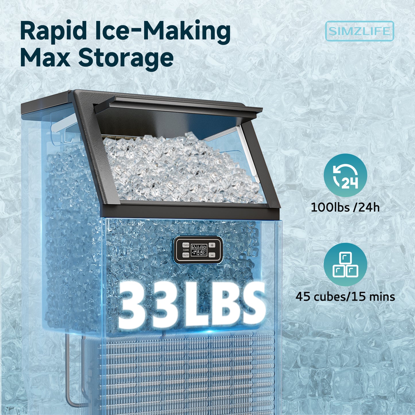 Simzlife 17.3 in. 100 lb. /24H Full Ice Sizes Commercial Ice Maker in Black, 33 lb. Storage Bin, Ice Full Alert and Auto-Cleaning