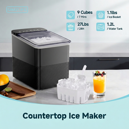 Simzlife Countertop Ice Maker, 9 Bullet Ice in 6 Minutes, 26 lbs/Day, Self-Cleaning, Dual Ice Sizes Includes Ice Scoop & Basket, for Home, Office & Parties