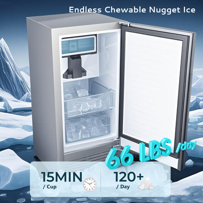 Simzlife 15" Nugget Ice Maker, 66 lbs/24H Built-In or Freestanding, Auto-Cleaning, Ice-Full Alert, Silver