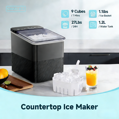 Simzlife Countertop Ice Maker, 9 Bullet Ice in 6 Minutes, 26 lbs/Day, Self-Cleaning, Dual Ice Sizes Includes Ice Scoop & Basket, for Home, Office & Parties