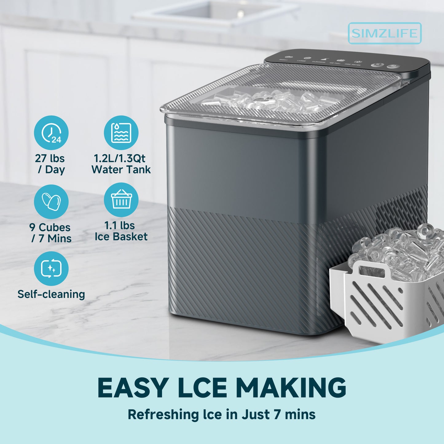 Simzlife Ice Maker Countertop, 9 Cubes Ready in 6 Mins, 26lbs in 24Hrs, Self-Cleaning Ice Machine with Ice Scoop and Basket, 2 Sizes of Bullet Ice for Home Kitchen Office Bar Party, Grey