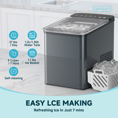 Simzlife Ice Maker Countertop, 9 Cubes Ready in 6 Mins, 26lbs in 24Hrs, Self-Cleaning Ice Machine with Ice Scoop and Basket, 2 Sizes of Bullet Ice for Home Kitchen Office Bar Party, Grey