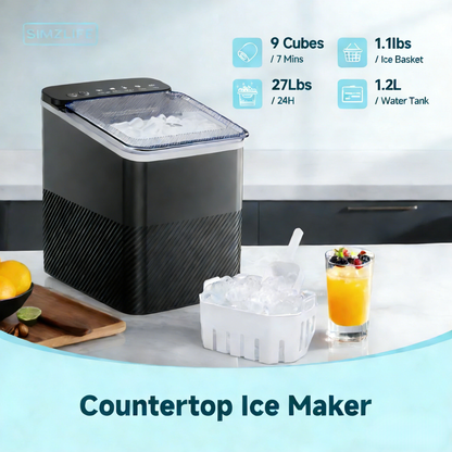Simzlife Countertop Ice Maker, 9 Bullet Ice in 6 Minutes, 26 lbs/Day, Self-Cleaning, Dual Ice Sizes Includes Ice Scoop & Basket, for Home, Office & Parties