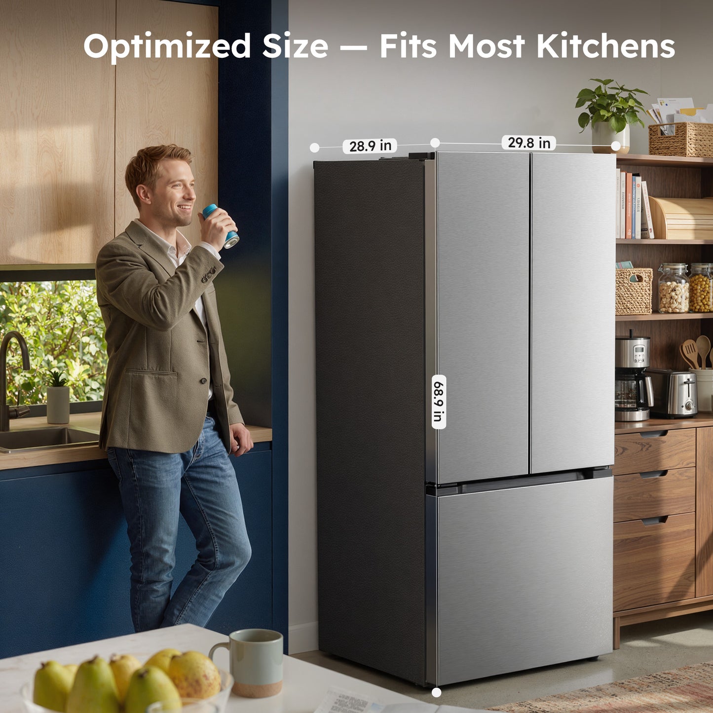 Simzlife 17.5 Cu. ft.  Counter-Depth Refrigerator, French Door Refrigerator with Bottom Freezer, Stainless Steel