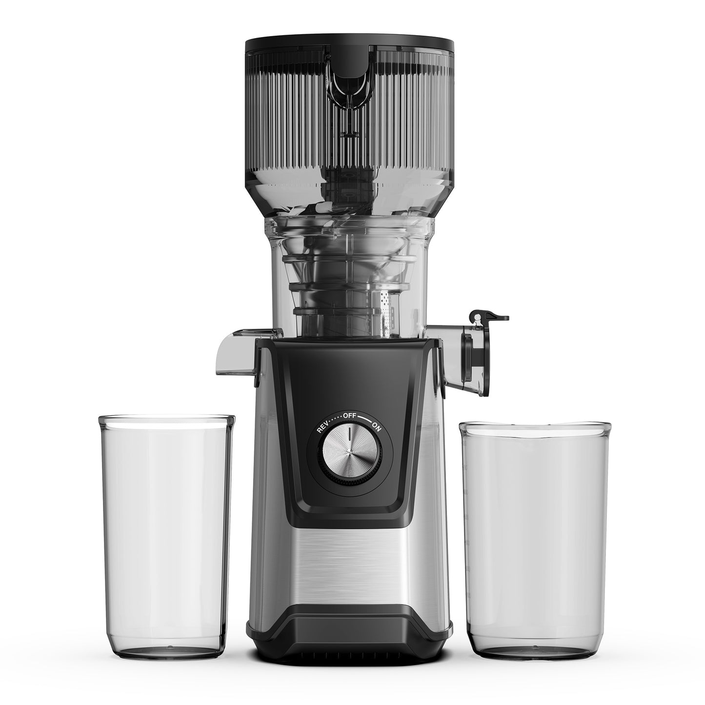 SIMZLIFE Cold Press Juicer, 5.1" Extra Large Feed Chute, 200W Slow Masticating Juicer Machine with Stainless Steel Housing, 304 Filter, Forward & Reverse Function, Easy to Clean, 2 Cups, Silver