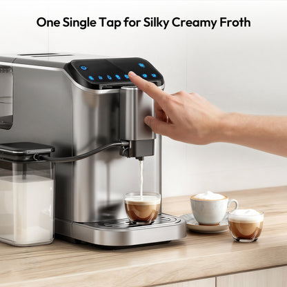 Simzlife 2-Cup Fully Automatic Espresso Machine with Grinder, 15 Grind Settings, 20 Bar Pressure, Milk Frother, Silver
