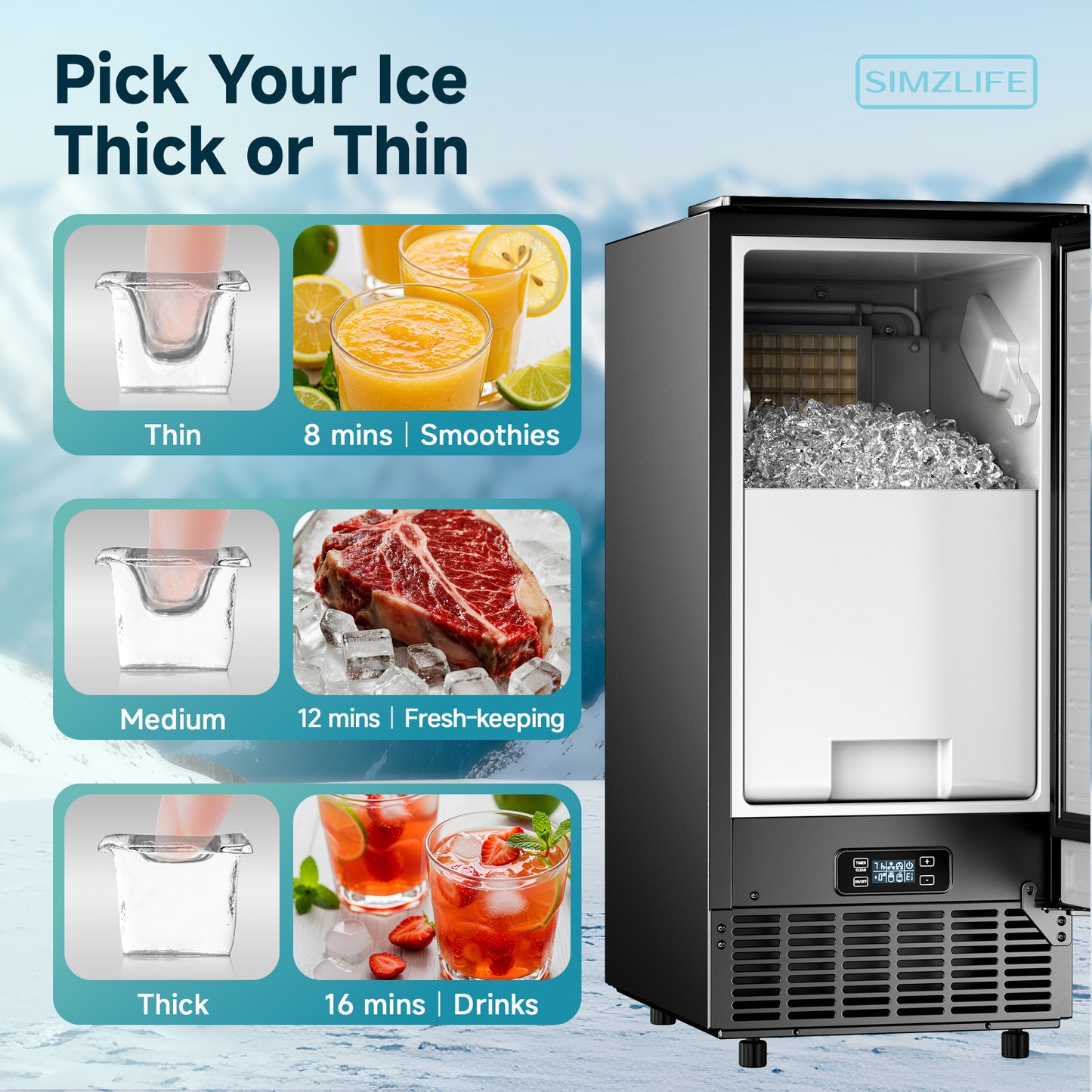 SIMZLIFE Built-in Commercial Ice Maker 80Lbs/24H, Under Counter or Freestanding, Self-Cleaning, Kitchen & Bar, Black