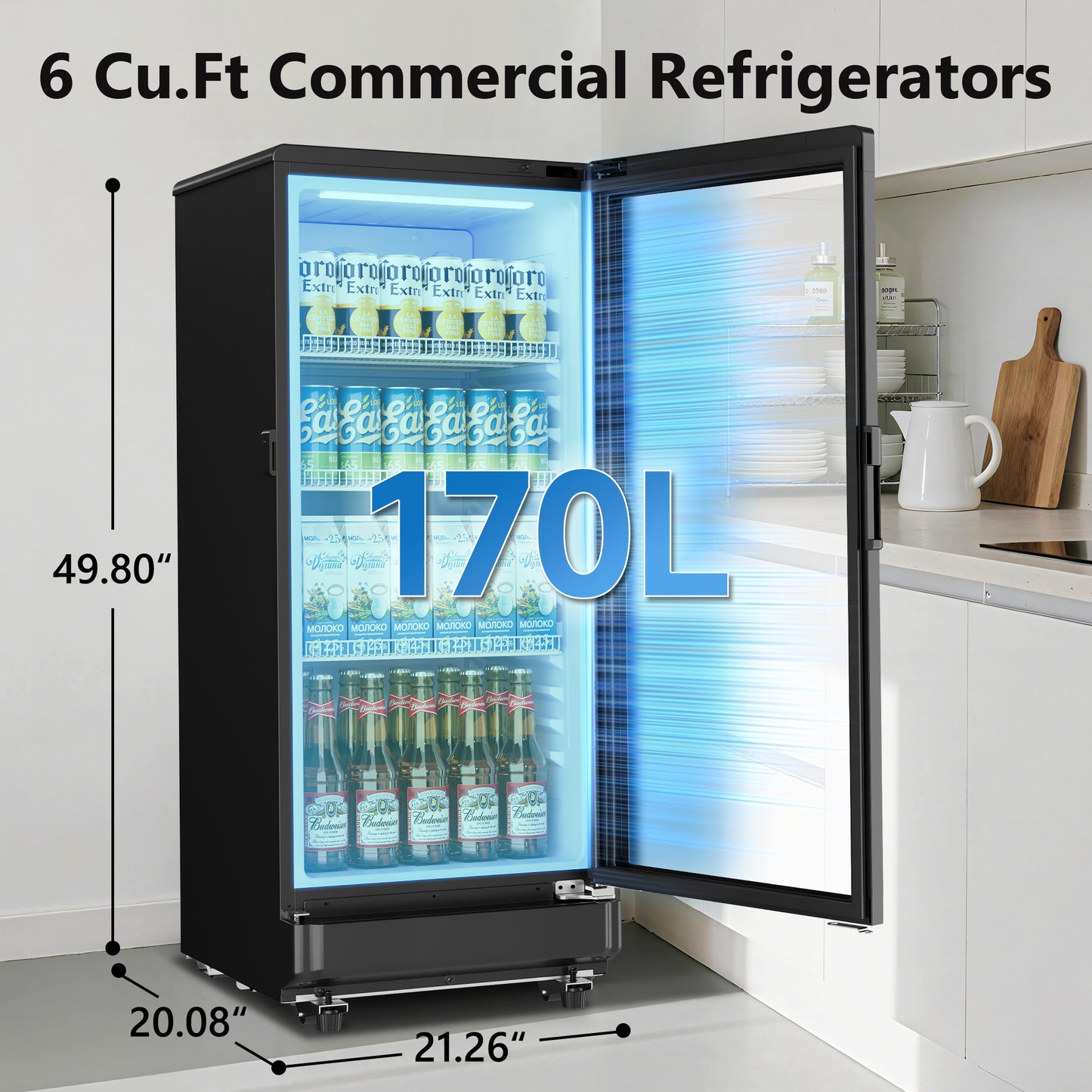 Simzlife Commercial Merchandiser Refrigerator, 6 Cu.ft Glass Door Display Fridge , Digital Temperature Control, Lockable Door, Black