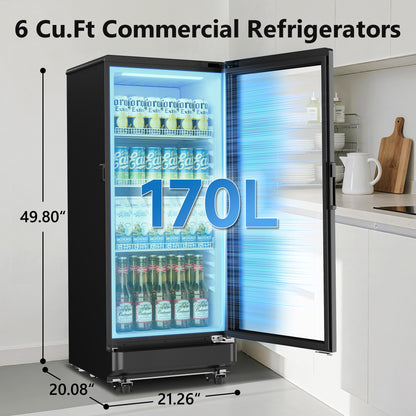 Simzlife Commercial Merchandiser Refrigerator, 6 Cu.ft Glass Door Display Fridge , Digital Temperature Control, Lockable Door, Black