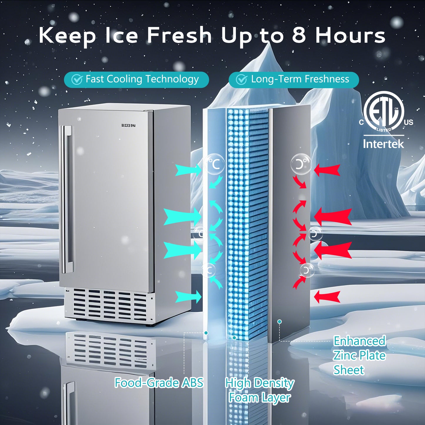 Simzlife 15" Nugget Ice Maker, 66 lbs/24H Built-In or Freestanding, Auto-Cleaning, Ice-Full Alert, Silver