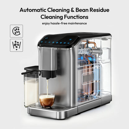 Simzlife 2-Cup Fully Automatic Espresso Machine with Grinder, 15 Grind Settings, 20 Bar Pressure, Milk Frother, Silver