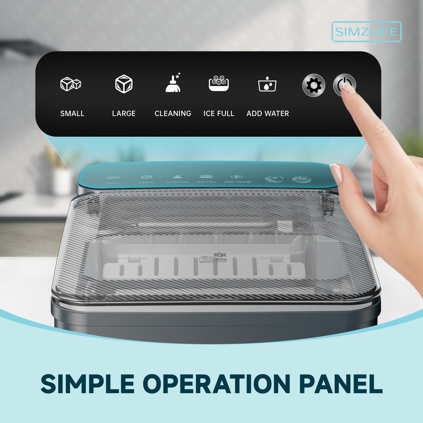 Simzlife Ice Maker Countertop, 9 Cubes Ready in 6 Mins, 26lbs in 24Hrs, Self-Cleaning Ice Machine with Ice Scoop and Basket, 2 Sizes of Bullet Ice for Home Kitchen Office Bar Party, Grey