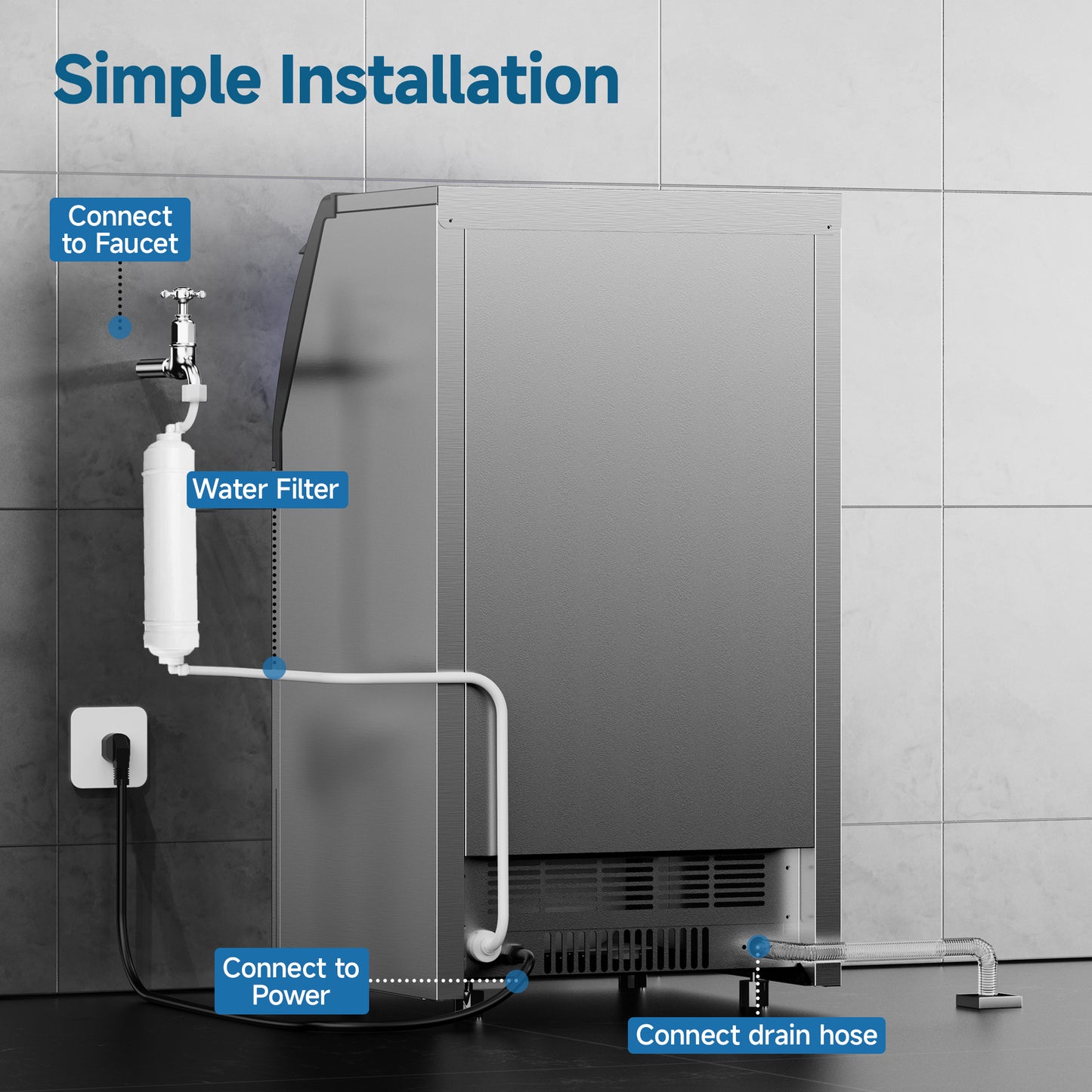 SIMZLIFE Commercial Ice Maker 100Lbs/24H, Stainless Steel, Auto Cleaning, Restaurant & Bar