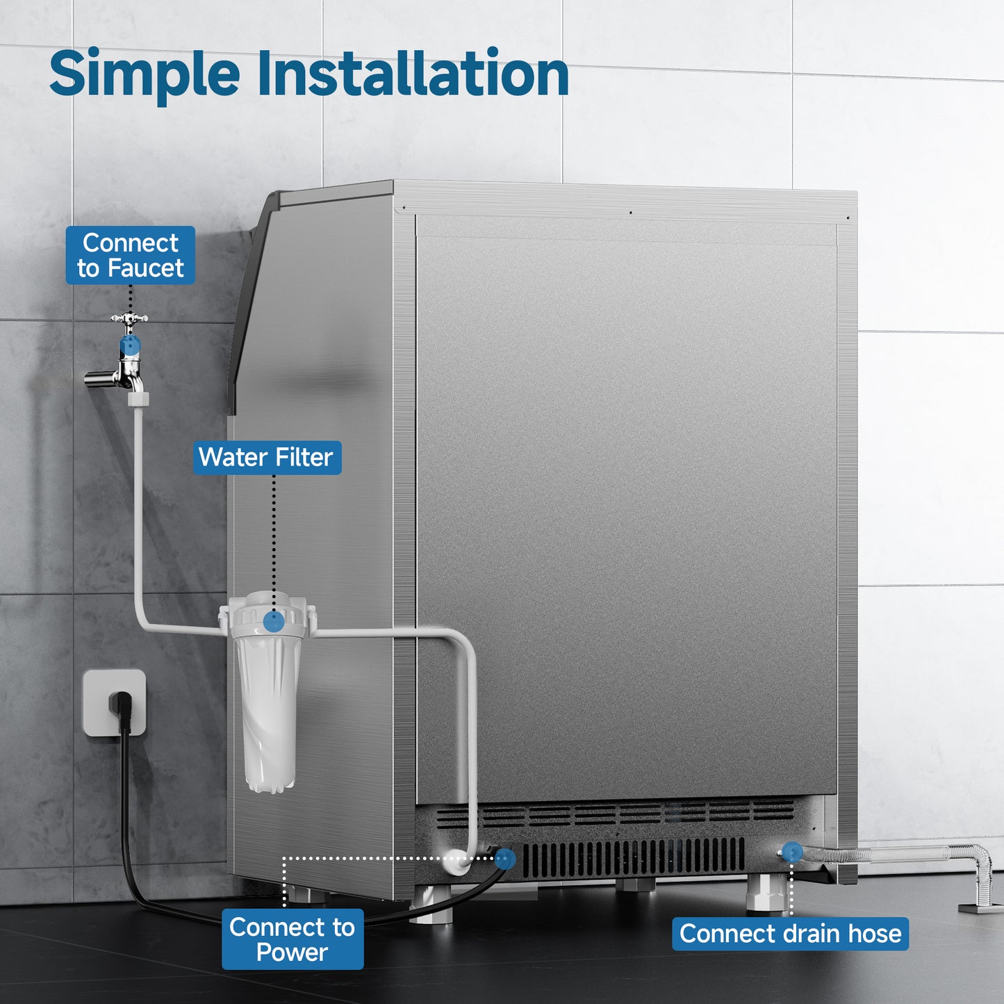 SIMZLIFE Commercial Ice Maker 300Lbs/24H with 33LB Storage Bin, Stainless Steel