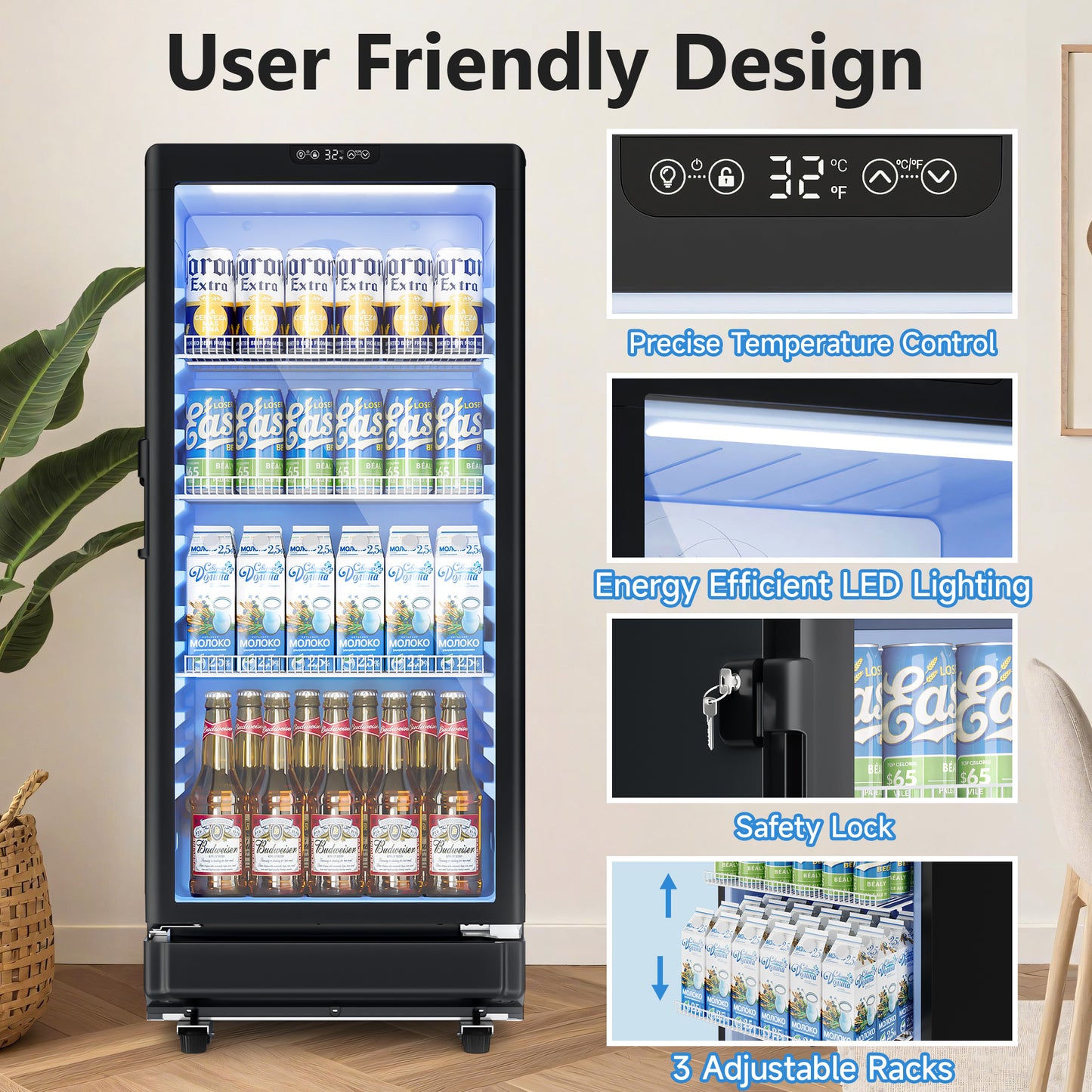 Simzlife Commercial Merchandiser Refrigerator, 6 Cu.ft Glass Door Display Fridge , Digital Temperature Control, Lockable Door, Black