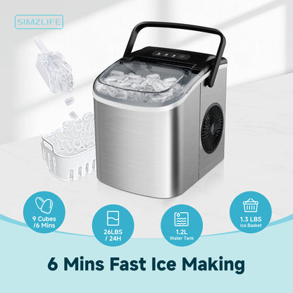 Simzlife 26 lbs/24H Countertop Ice Maker Machine, 9 Bullet-Shaped Ice in 6 Min, Auto-Cleaning, White