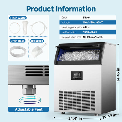 SIMZLIFE Commercial Ice Maker 300Lbs/24H with 33LB Storage Bin, Stainless Steel