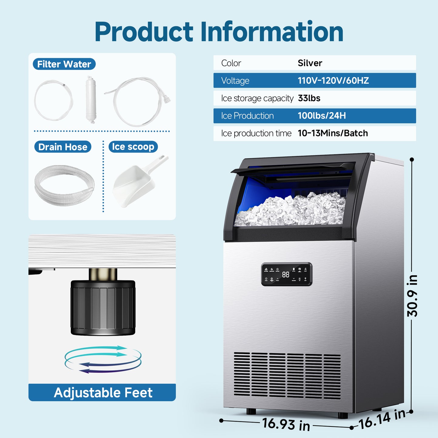 SIMZLIFE Commercial Ice Maker 100Lbs/24H, Stainless Steel, Auto Cleaning, Restaurant & Bar