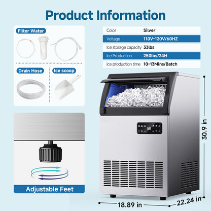 SIMZLIFE Commercial Ice Maker 200Lbs/24H, NSF Certified, Stainless Steel, Auto Cleaning