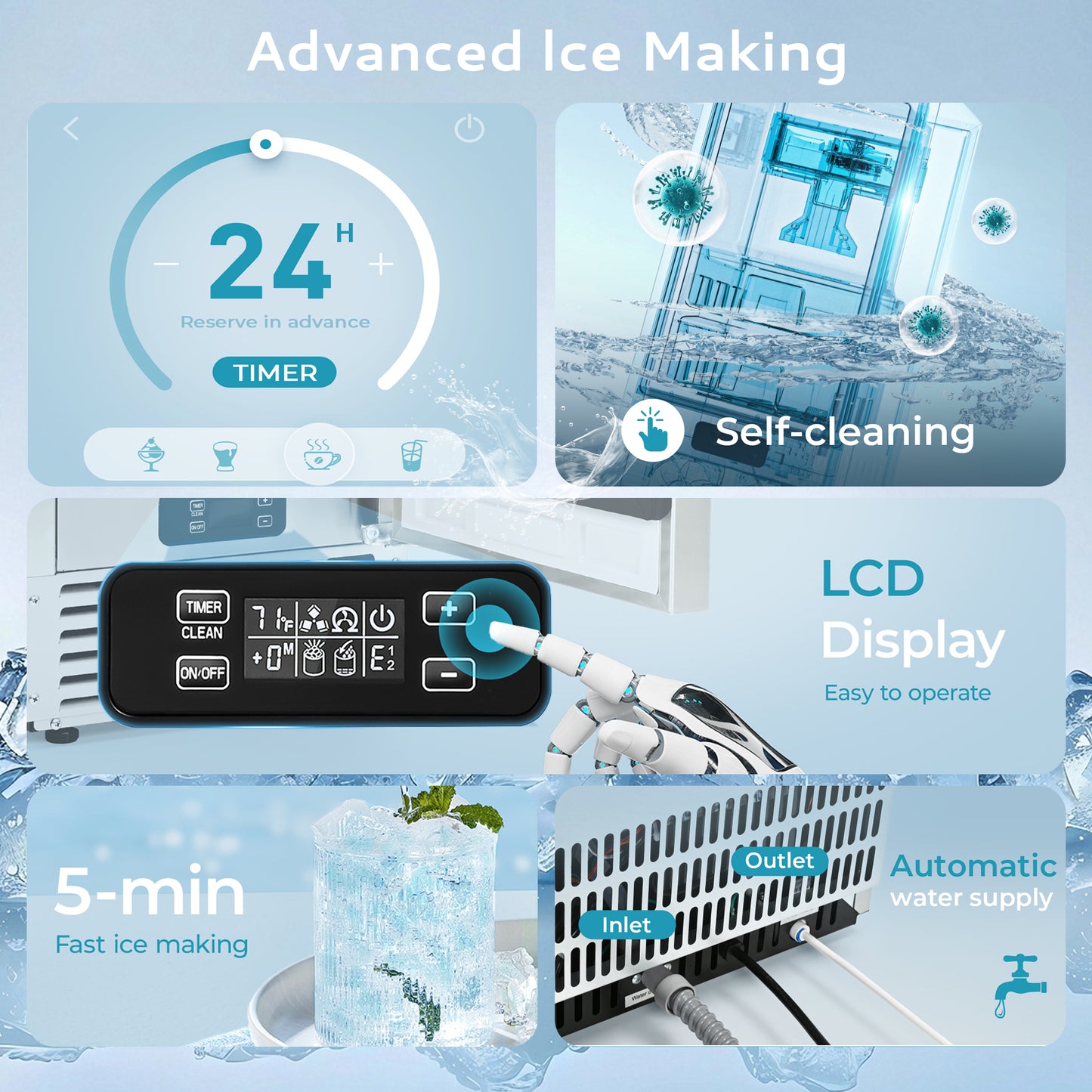 Simzlife 15" Nugget Ice Maker, 66 lbs/24H Built-In or Freestanding, Auto-Cleaning, Ice-Full Alert, Silver